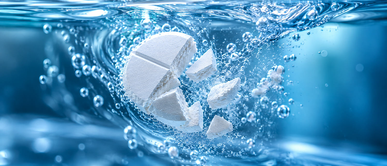 Fine white pharmaceutical powder dispersing in clear liquid during a dissolution process