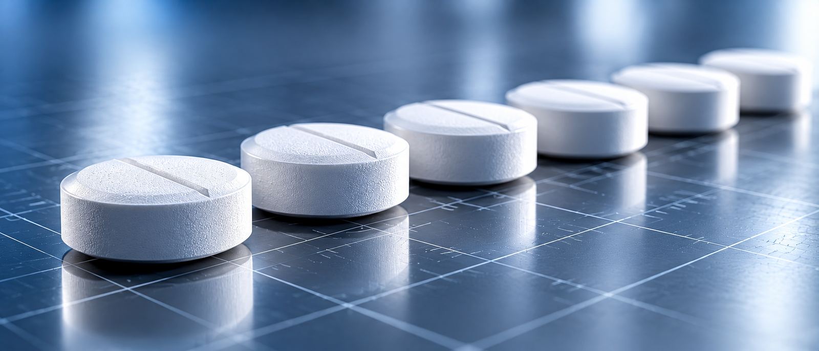 Fine white pharmaceutical powder arranged in a stainless-steel manufacturing tray