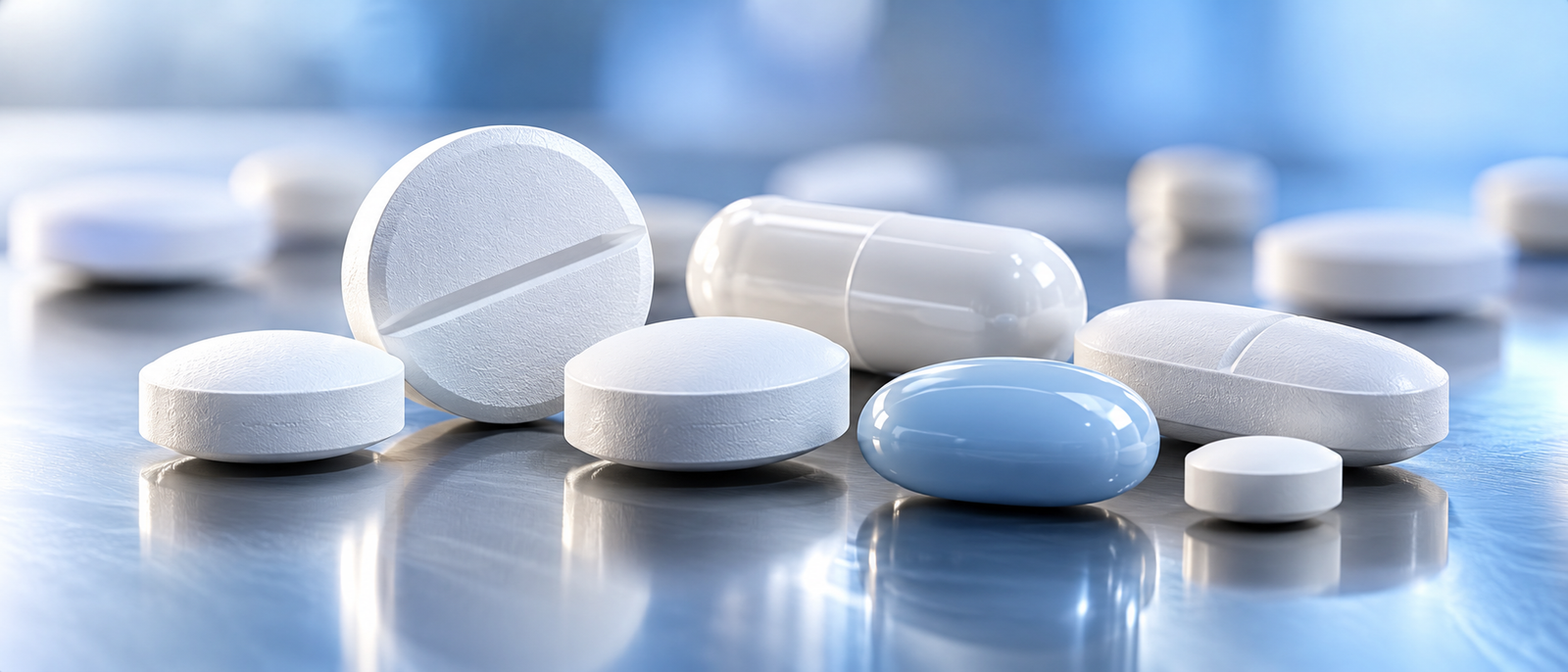 Fine white pharmaceutical excipient powder beside an unmarked tablet on a clean laboratory surface