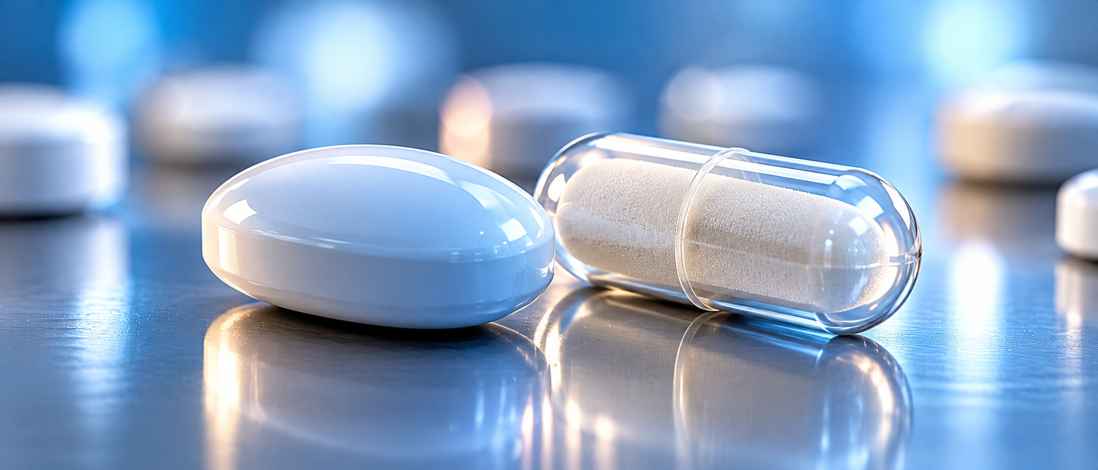 Fine pharmaceutical excipient powder beside an unmarked white tablet