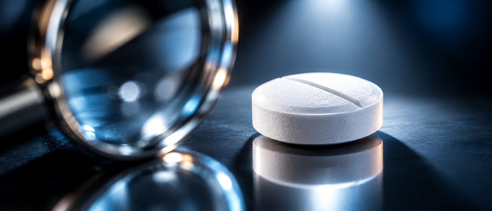 Unbranded pharmaceutical container holding fine white excipient powder during quality inspection
